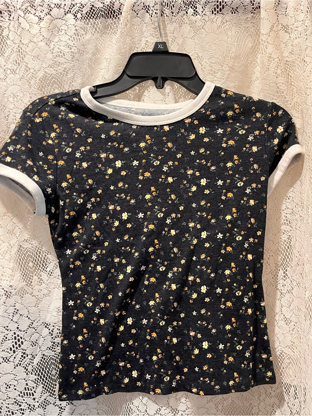 Junior’s size Small Black Floral Ringer Tee with Yellow & White Blossoms